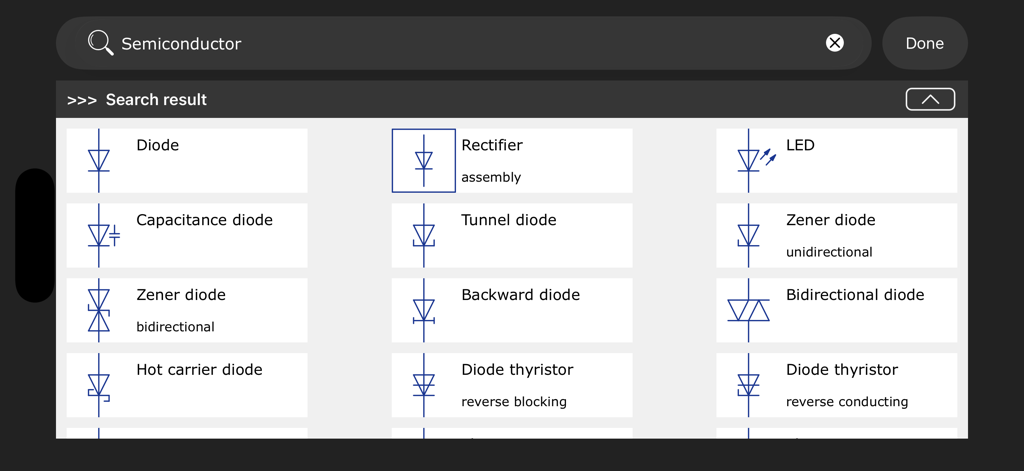 Circuit Planner - A search result grid in the Circuit Planner app showing various IEC semiconductor symbols like diodes and rectifiers