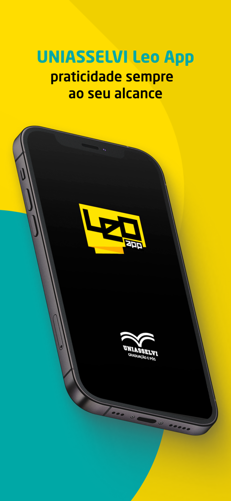UNIASSELVI Leo App splash screen displayed on a smartphone with a yellow background.