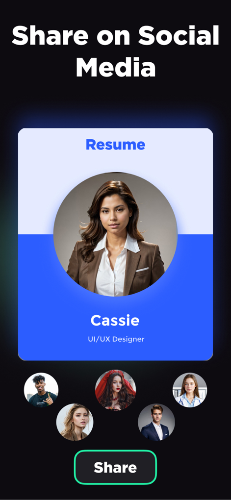 Professional Headshot - AI - Vista previa de una tarjeta de currículum en la aplicación AI HeadPix con un retrato profesional de un diseñador UI/UX y un botón para compartir