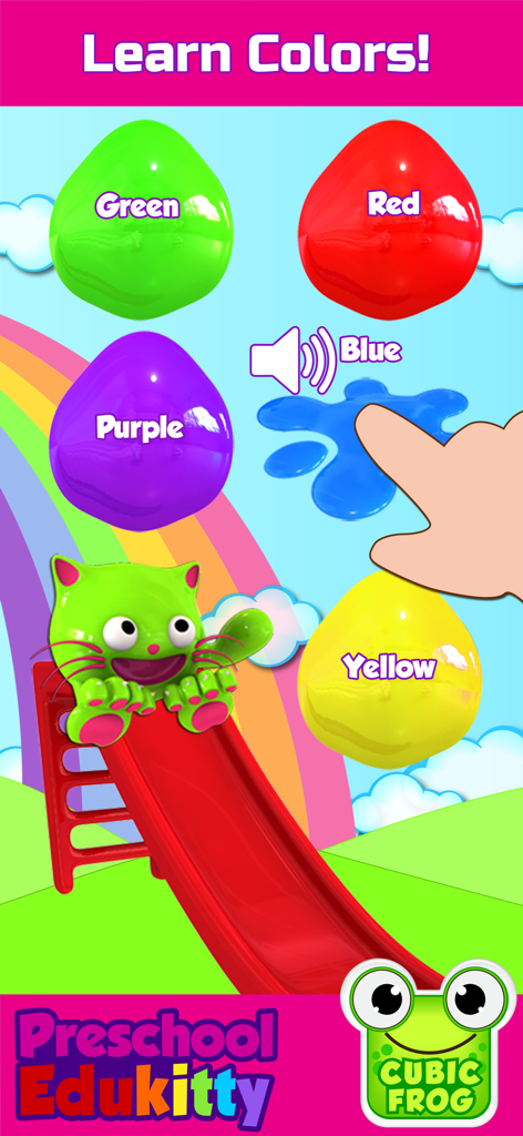 Preschool EduKitty-Kids Games - Niño pequeño aprendiendo colores con un gatito caricaturesco en un tobogán en la aplicación Preschool EduKitty