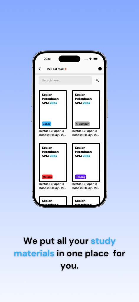 JomStudy app screen showing SPM trial papers for various Malaysian states