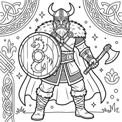 Embark on an epic coloring adventure with this powerful Viking warrior. This detailed illustration invites you to bring the might and majesty of a Norse fighter to life with your favorite colors.