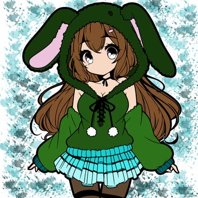 pretty anime girl wearing a fluffy hoodie with bunny ears on the hood and a skirt