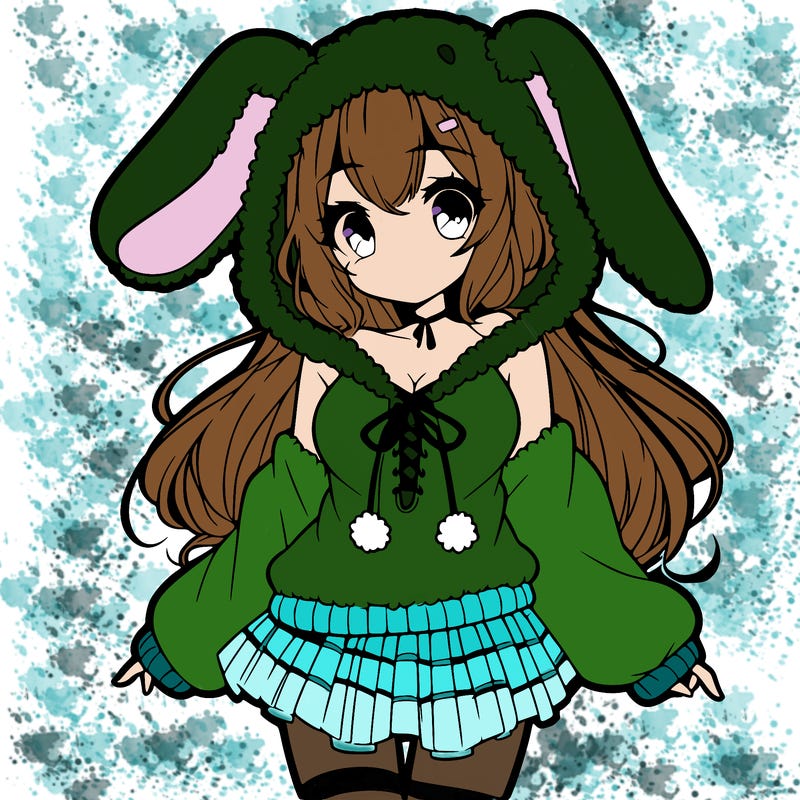 pretty anime girl wearing a fluffy hoodie with bunny ears on the hood and a skirt