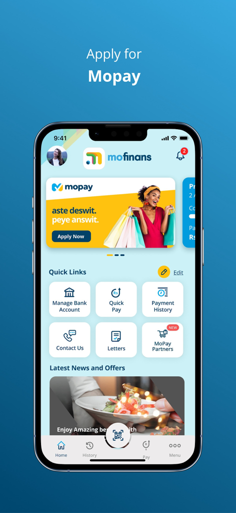 Dashboard of the Mo Finans mobile app showing account management options and Mopay service promotion