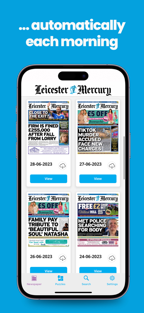 Pantalla de smartphone que muestra réplicas digitales de las ediciones del Leicester Mercury newspaper