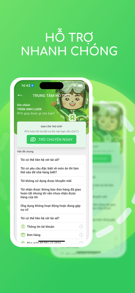 RYO - Giao đồ ăn & Đặt xe - Pantalla del centro de ayuda de la aplicación móvil RYO con opciones de chat de soporte al cliente y preguntas frecuentes