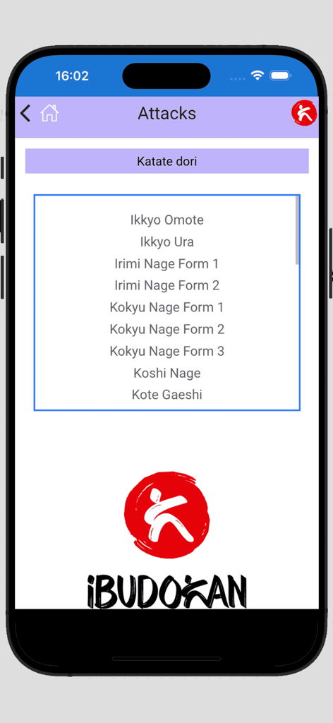 Aikido-ALL app interface showing a list of Aikido techniques for Katate dori attacks