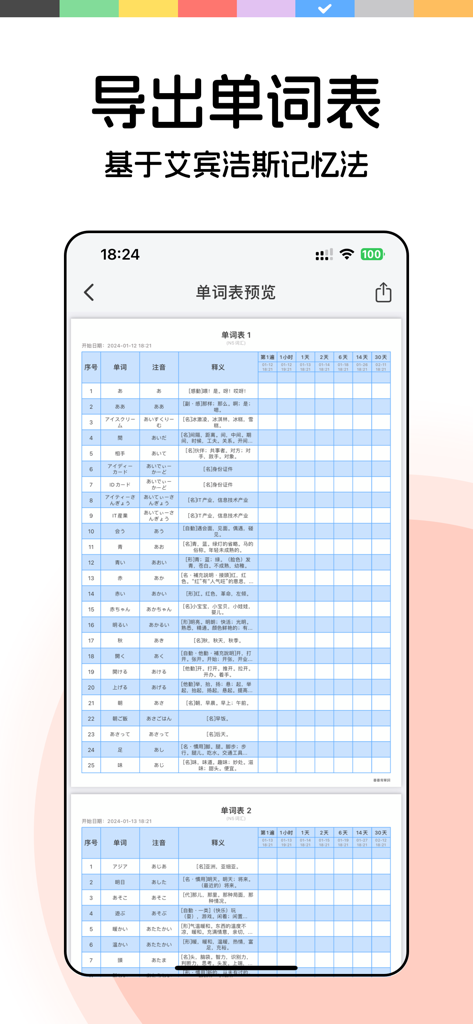 番番背单词 - JLPT日语能力考试词汇记忆、学日语背单词 - A preview of a Japanese vocabulary list exported as a PDF based on the Ebbinghaus forgetting curve for spaced repetition