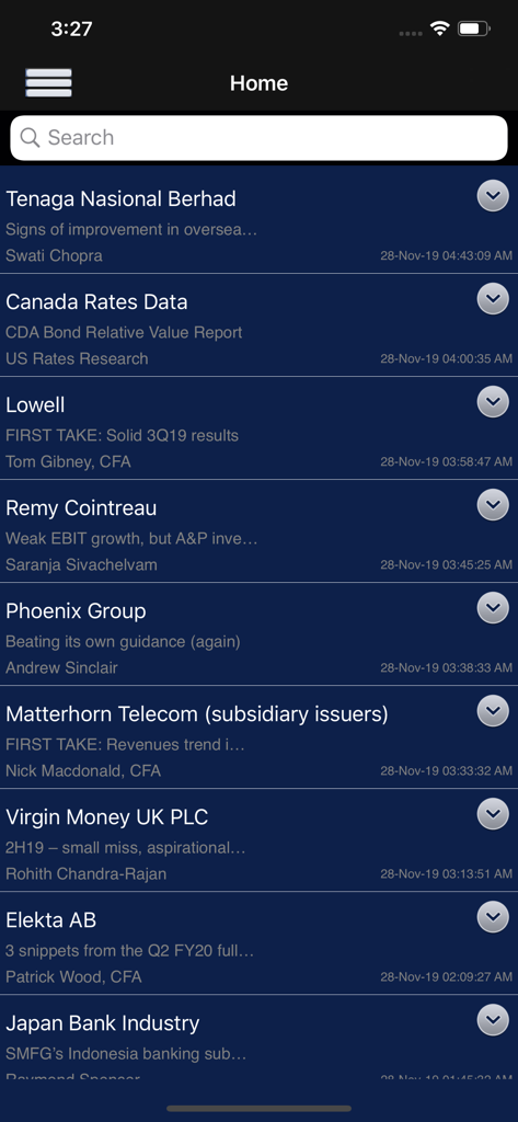 Startbildschirm der Bank of America Research Library App mit einem Feed von globalen Finanzresearch-Berichten und Analysteneinblicken