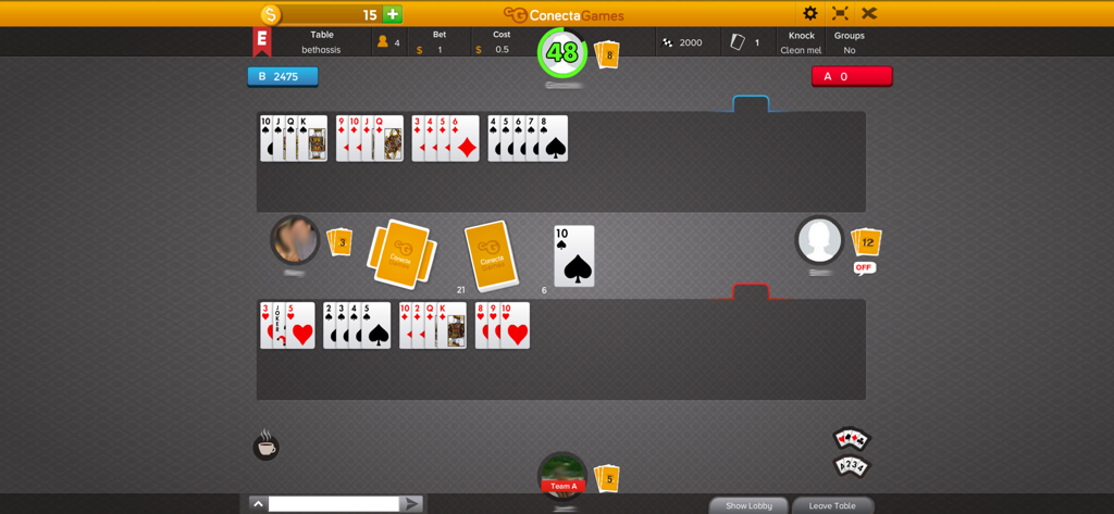 Buraco Fechado - Gameplay screen of Buraco Fechado card game showing card melds and player turns on a digital table