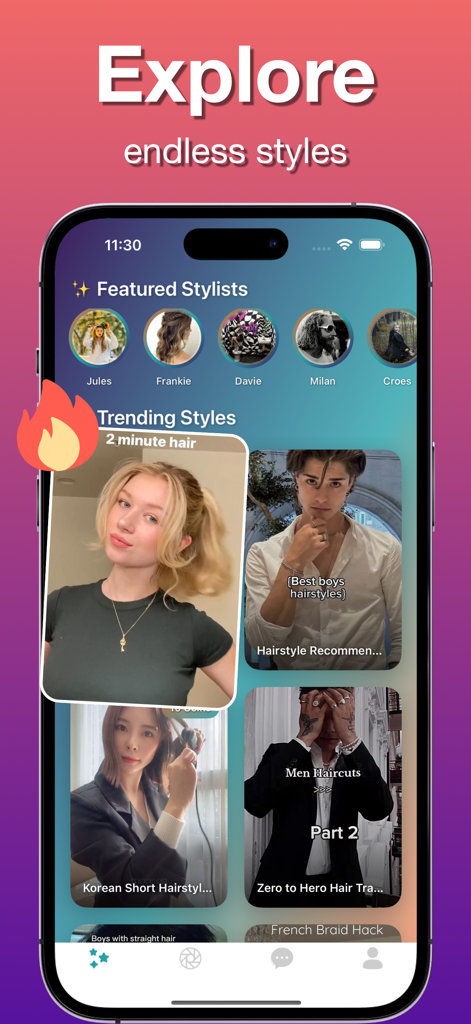 Nioo - Interface do aplicativo Nioo apresentando tutoriais em vídeo de penteados em alta e estilistas em destaque