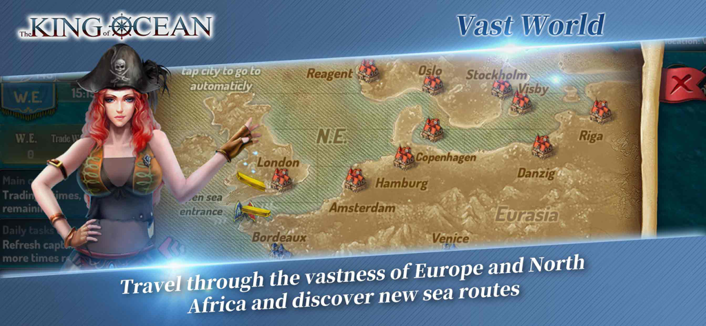 The King Of Ocean - ヨーロッパの港町と女性海賊キャラクターが描かれた世界地図（The King Of Ocean戦略ゲーム）