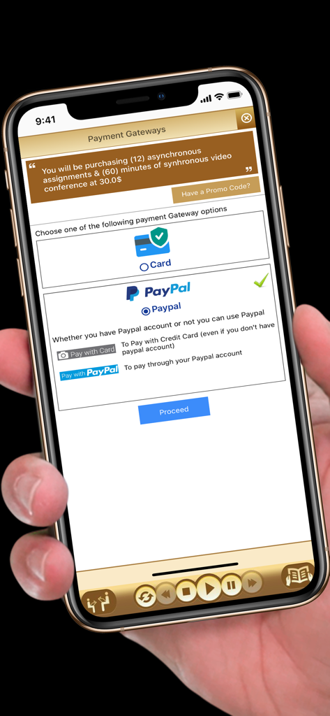 Quran University - Payment gateway screen in the Quran University app showing Card and PayPal options for purchasing lessons