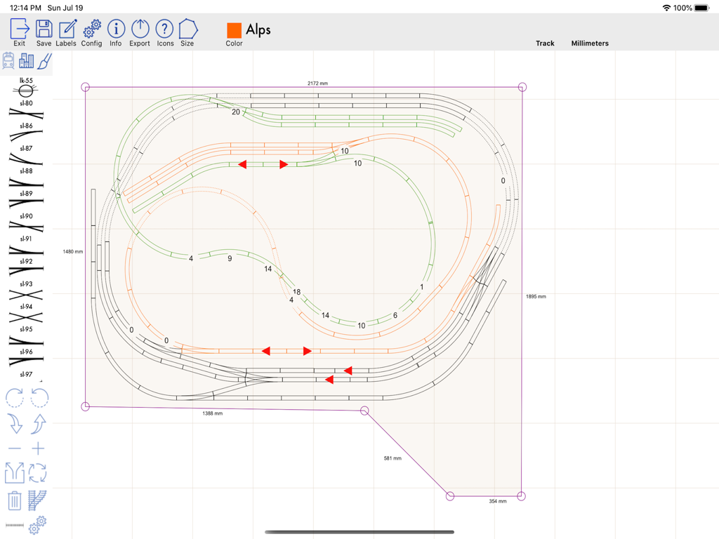 TrainDesign - Digital blueprint of a model railroad track layout with measurements on a grid