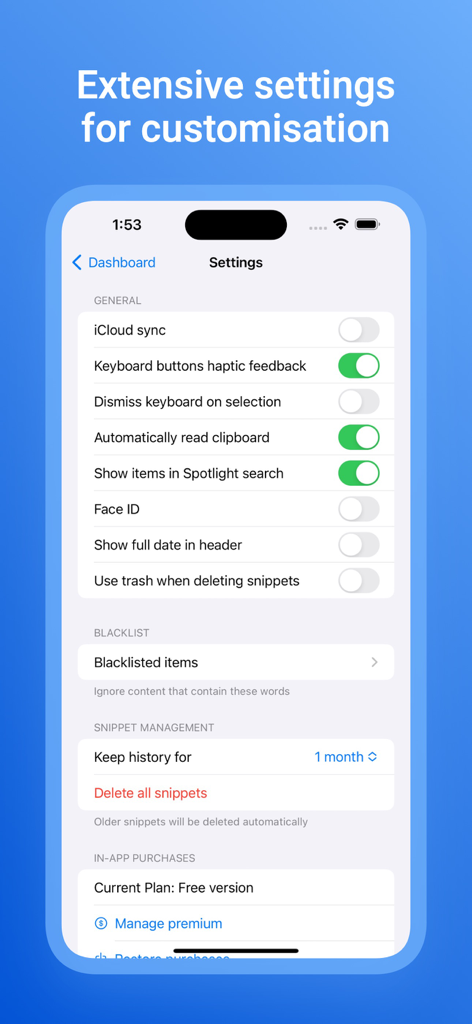 Clipboard Manager - Pycopaste - Pantalla de configuración de Pycopaste que muestra opciones para sincronización de iCloud, protección biométrica y gestión del historial del portapapeles.