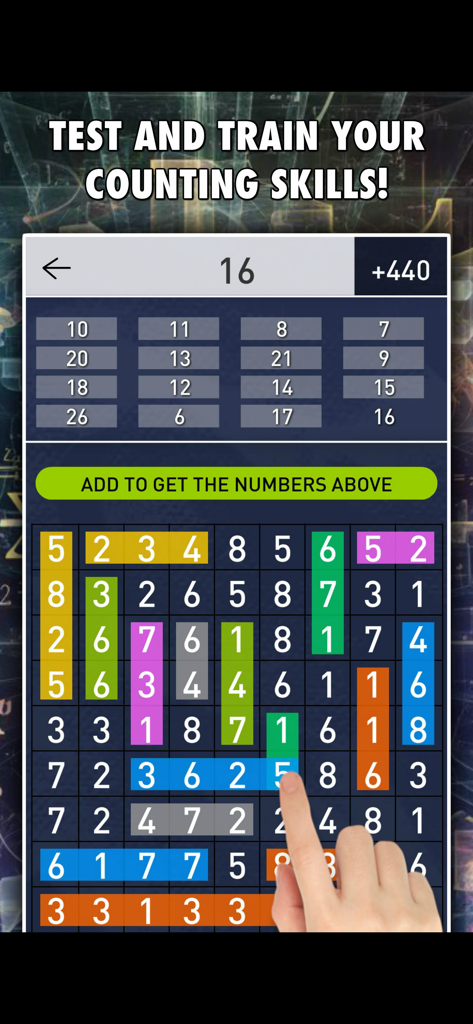 Hidden Numbers: Math Game - Una mano seleccionando números en una cuadrícula para resolver un puzle de sumas en el juego de matemáticas Números Ocultos.