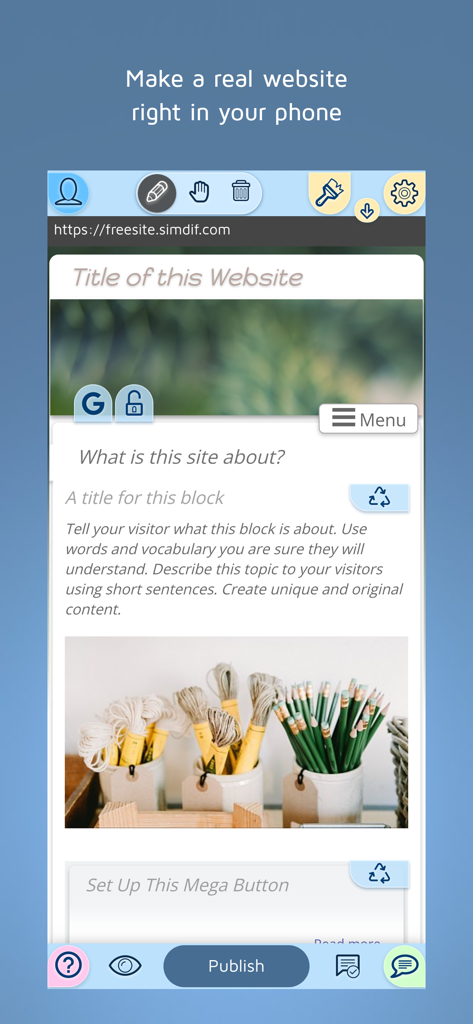 FreeSite – Website Maker - Mobile phone interface showing the FreeSite website editor with text and image blocks.