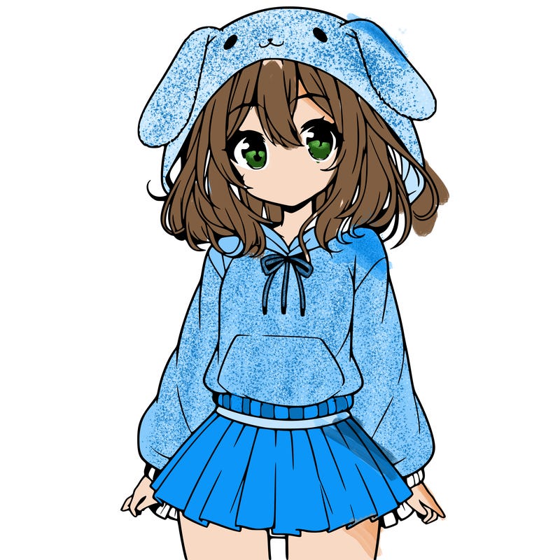 pretty anime girl wearing a fluffy hoodie with bunny ears on the hood and a skirt