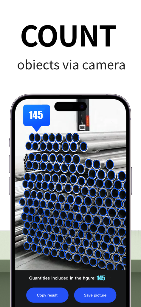 Scanner Pro app interface showing the AI object counting feature detecting 145 industrial pipes