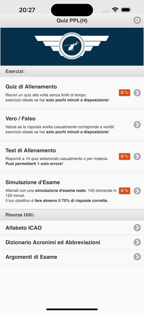 Main menu of the helicopter pilot license training app with various study modes