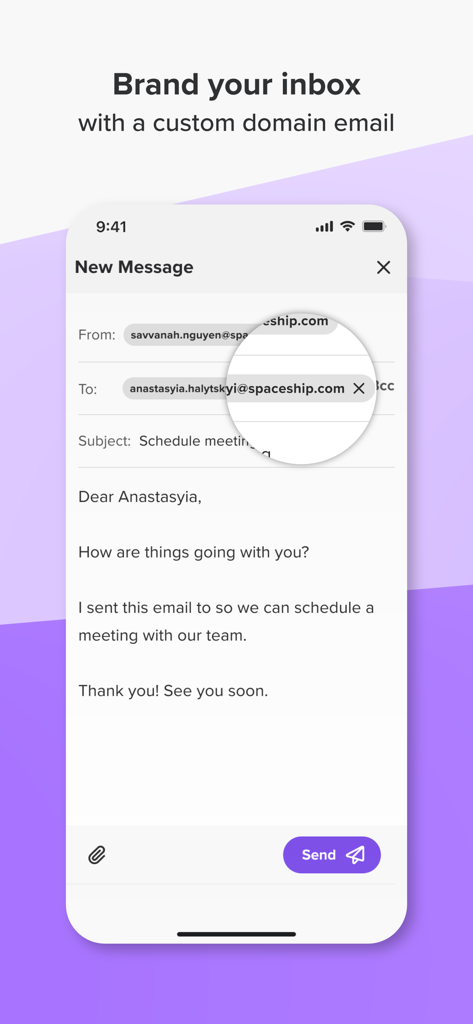 Spacemail - Spacemail mobile app showing a new message draft featuring a professional custom domain email address