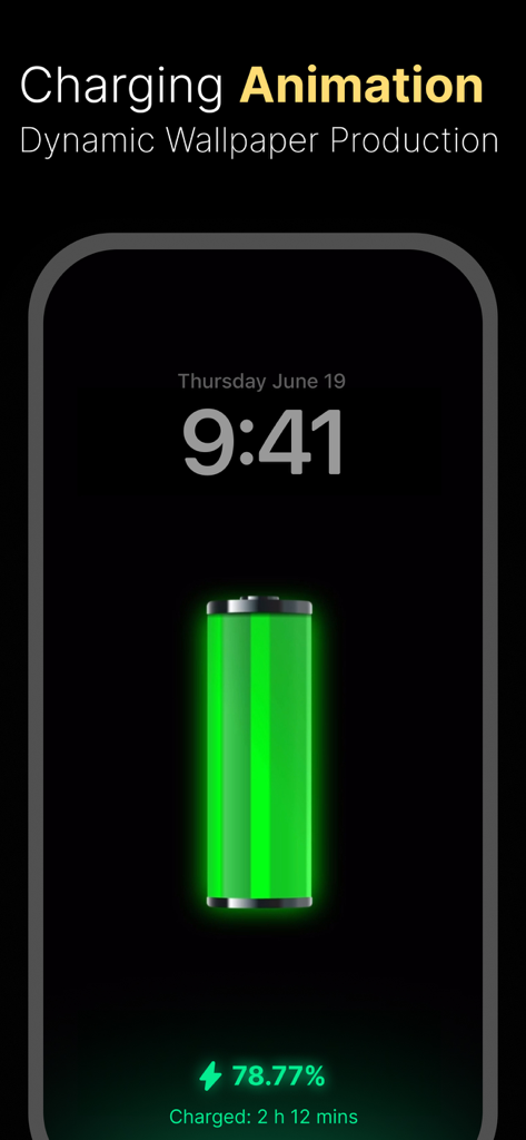 Dynamic battery charging animation for iPhone lock screen featuring a glowing green battery icon