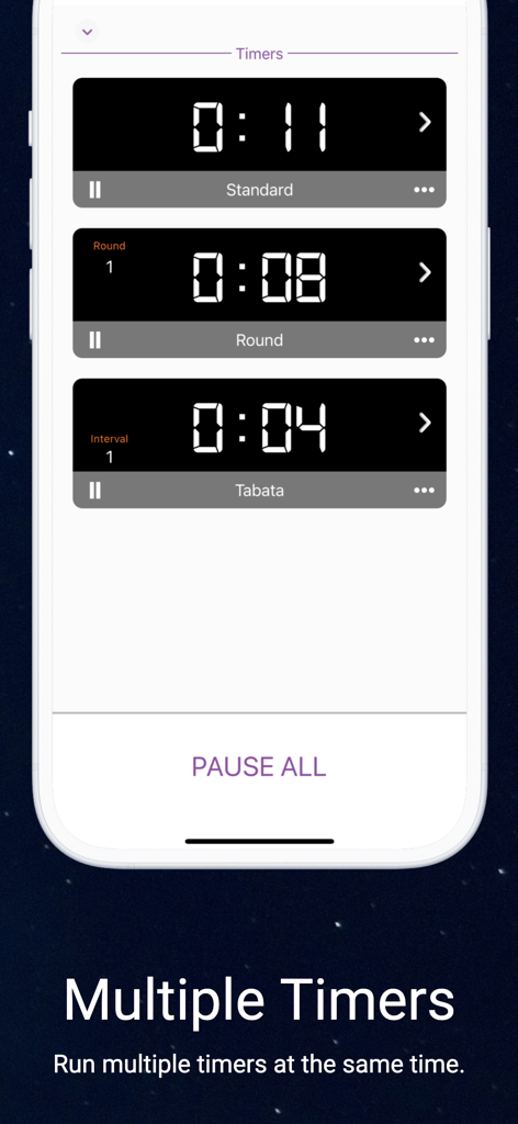GymNext Flex Timer - GymNext Flex Timer app interface showing three different workout timers running simultaneously