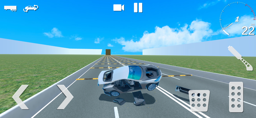Car Crash Simulator Accident - A damaged silver car with parts falling off in a realistic physics destruction simulator