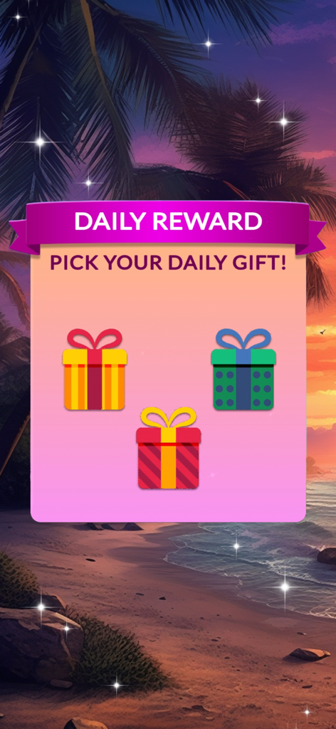 Tägliche Belohnungsanzeige in Wordscapes Search mit drei bunten Geschenkboxen vor einem entspannenden tropischen Sonnenuntergangsstrand-Hintergrund.