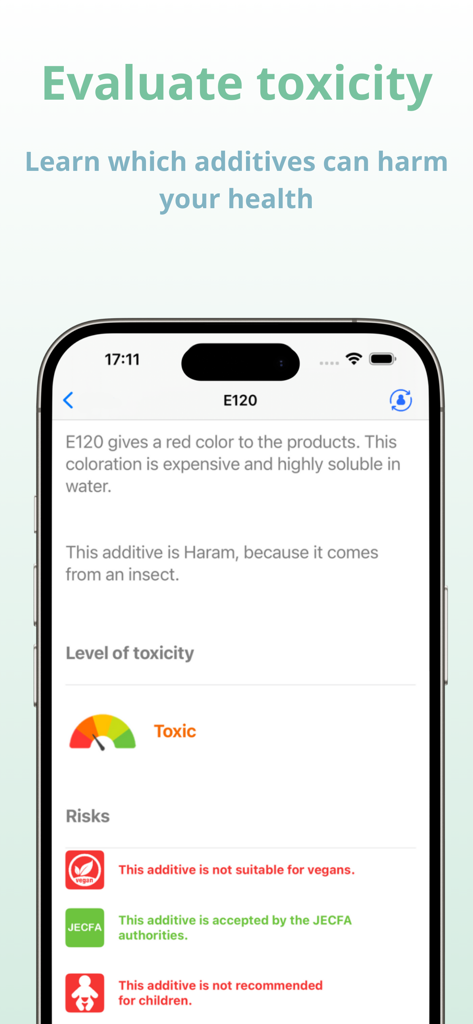 Find Halal food, Scanner Haram - Tela do aplicativo TagHalal mostrando o nível de toxicidade e status Halal para o aditivo alimentar E120