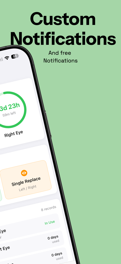 A screenshot of the Lens Tracker app interface showing custom notification settings and a countdown timer for contact lens replacement.