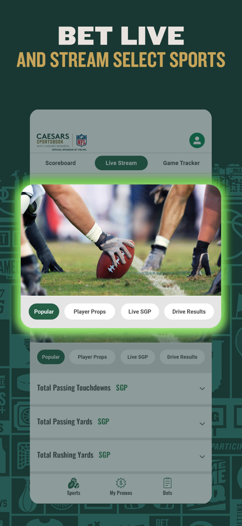 Caesars Sportsbook - Caesars Sportsbookアプリのインターフェース。ライブNFLストリーミングとスポーツベッティングオプションを表示しています。
