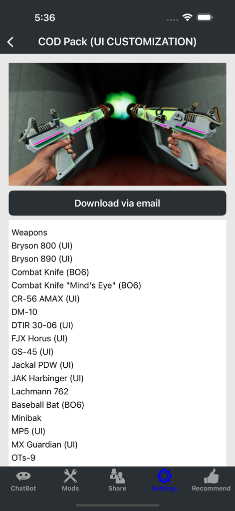 BoneL-DLC & Mods Addons Cheats - A screenshot of a mobile app showing a Call of Duty weapon pack mod for the VR game Bonelab including a list of available guns and a preview image of dual wielding energy weapons.