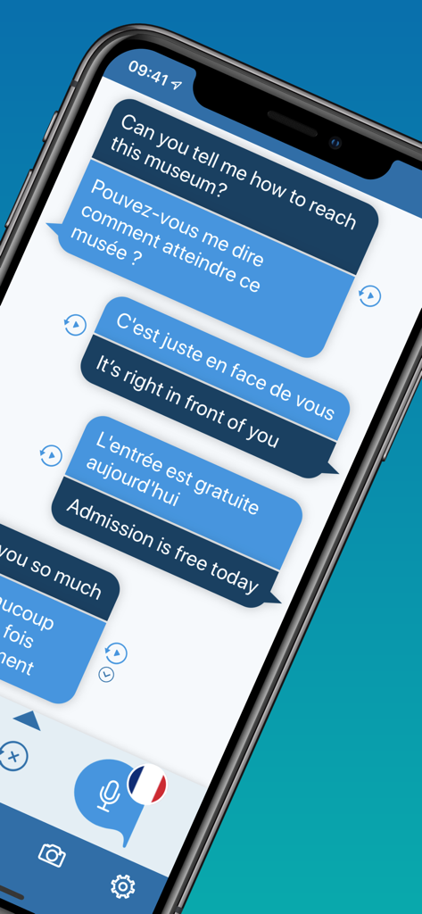 Voice Translator - Reverso - A smartphone displaying the Voice Translator Reverso app with a translated chat conversation in English and French.