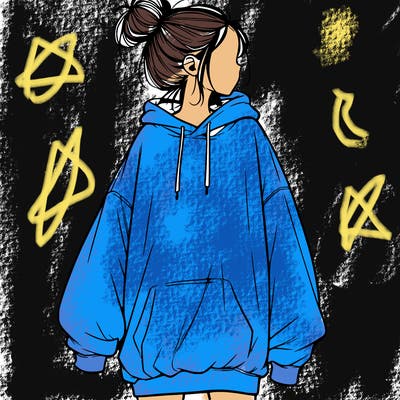 realistic girl with a oversized sweatshirt on and a bun