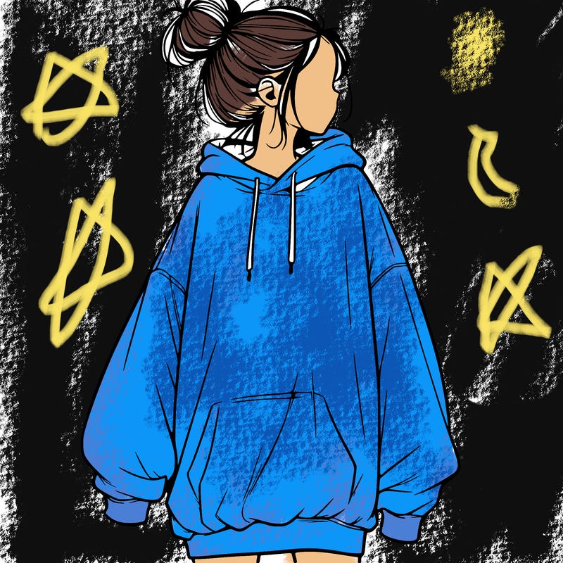 realistic girl with a oversized sweatshirt on and a bun