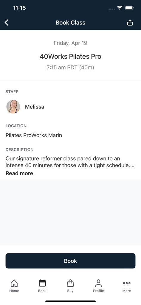 Pilates ProWorks app interface showing details for a morning reformer class with a book button