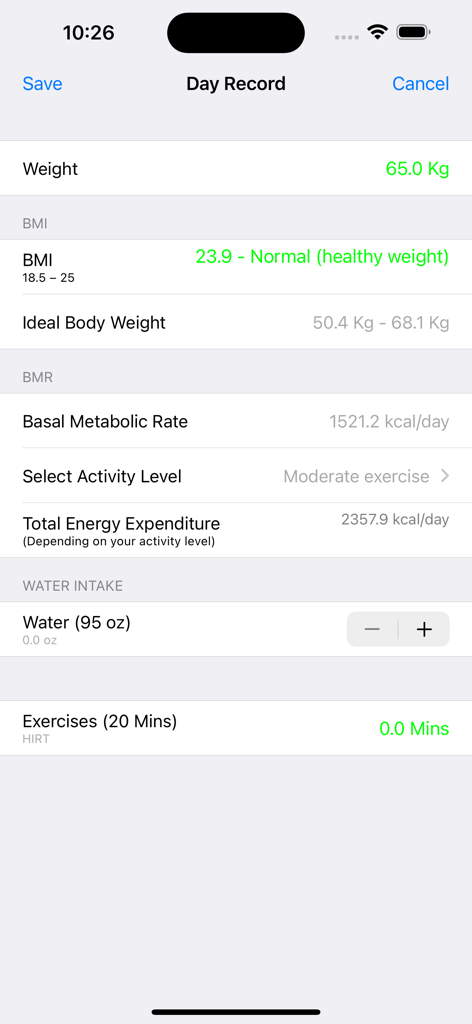 Pantalla de registro diario que muestra estadísticas de ingesta de agua y ejercicio de IMC y Metabolismo Basal