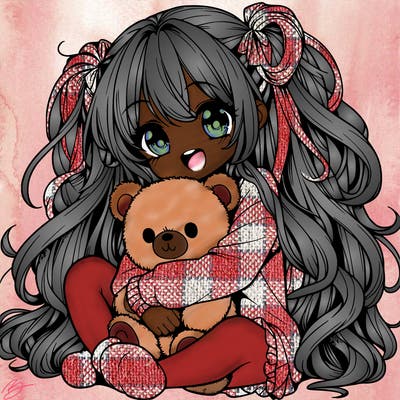 manga girl, long curly hair, happy, cuddling a teddy bear