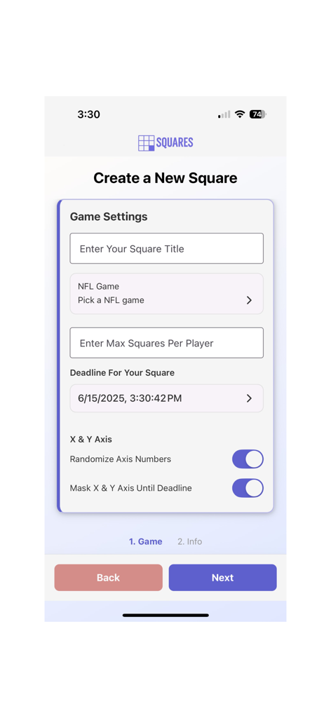 Create a new football square pool with settings for game title and NFL matchup