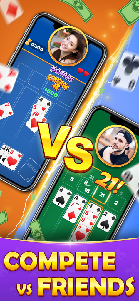 21 Solitaire: Cash Card Game - Two players competing head-to-head in a 21 Solitaire cash card game match on mobile phones.