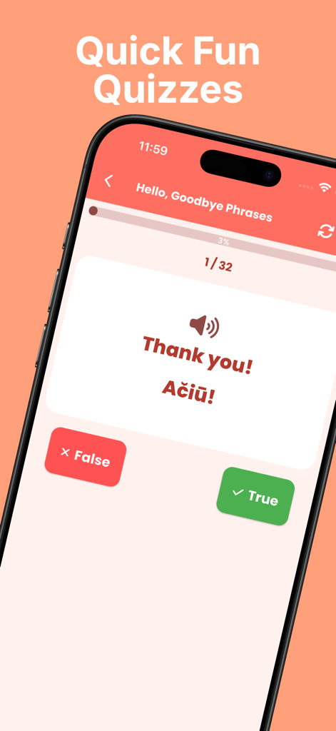 Interface do teste de aprendizado de língua lituana mostrando a frase Obrigado.