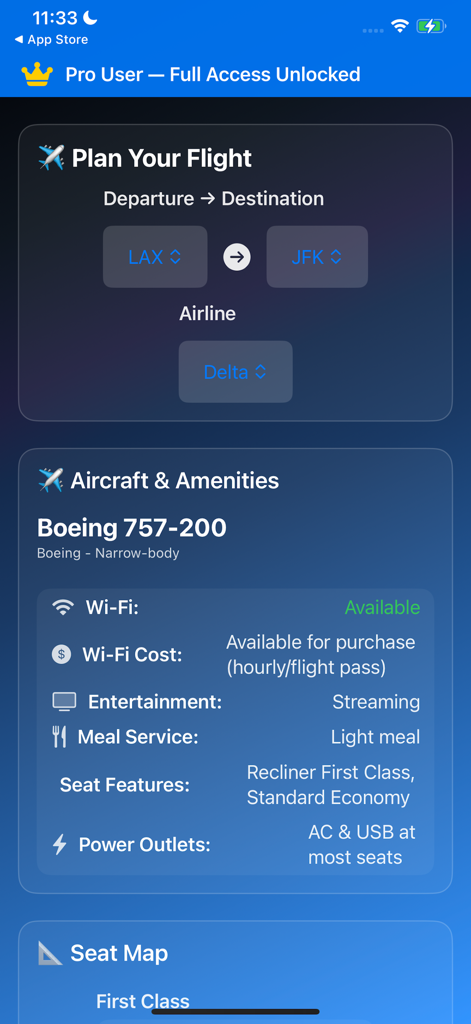 Plane Seat Pro app displaying aircraft amenities and flight details for a Delta Boeing 757-200