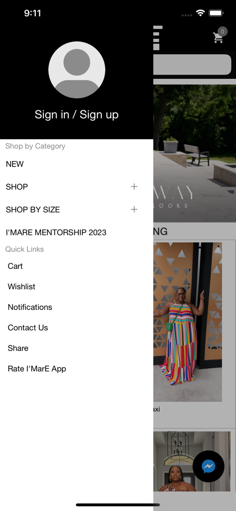 Side navigation menu of the IMarE Boutique mobile app showing shopping categories wishlist and sign in options