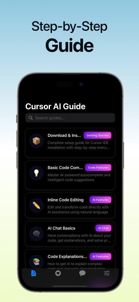 Cursor AIガイドと題されたモバイルアプリインターフェース。開発者向けのさまざまなステップバイステップチュートリアルを表示。