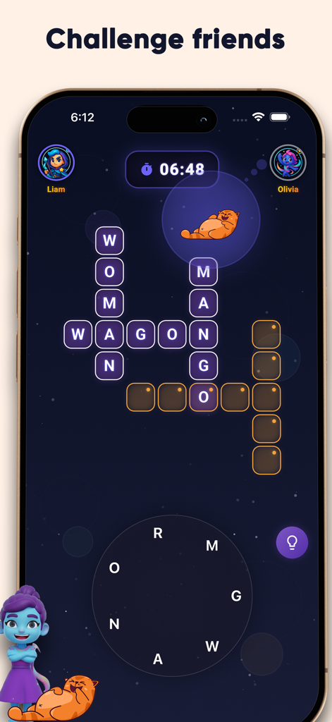 A real-time 1v1 word duel interface in the Word FaceOff app featuring a neon space theme and crossword grid.
