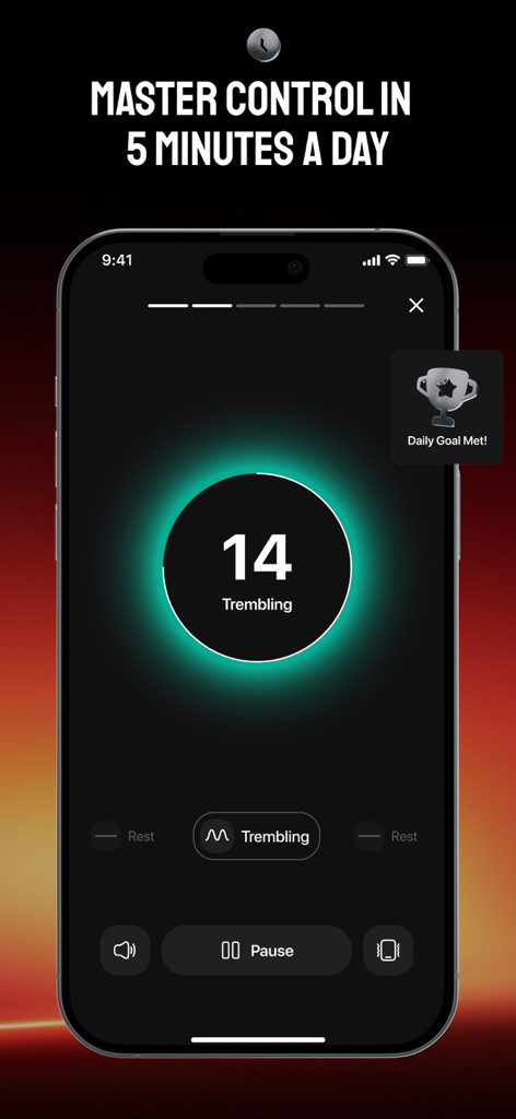 Kegel Men Exercises | KegelX - KegelX App-Oberfläche, die einen 5-minütigen Trainings-Timer und eine Benachrichtigung über erreichte Tagesziele zeigt