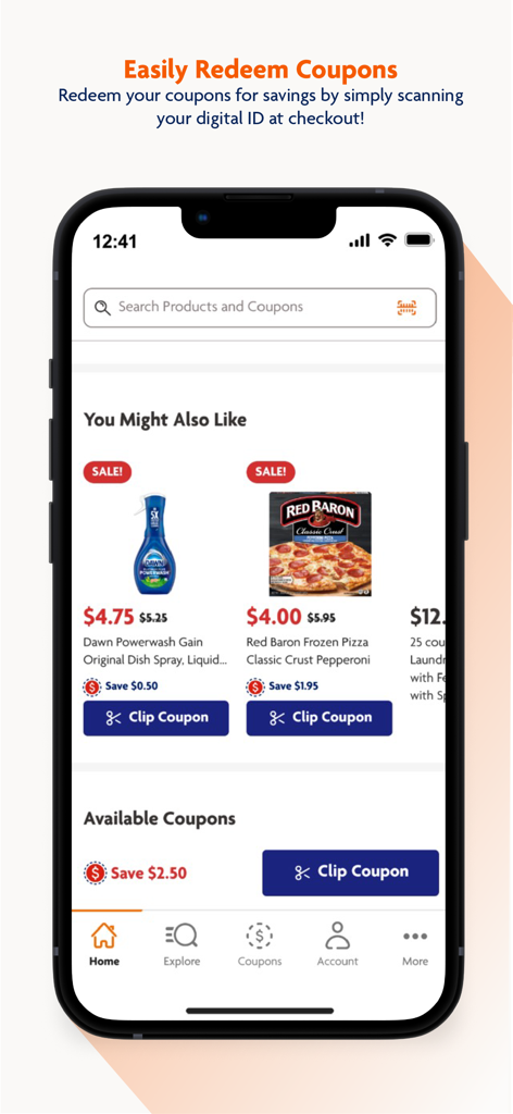 Family Dollar - Family Dollarモバイルアプリのスクリーン。デジタルクーポンとパーソナライズされた商品オファーが表示され、クリップして保存するオプションがあります。
