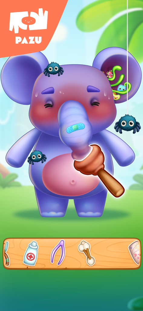 Schermata di gioco che mostra un elefante viola curato con strumenti medici nell'app Jungle Vet Care